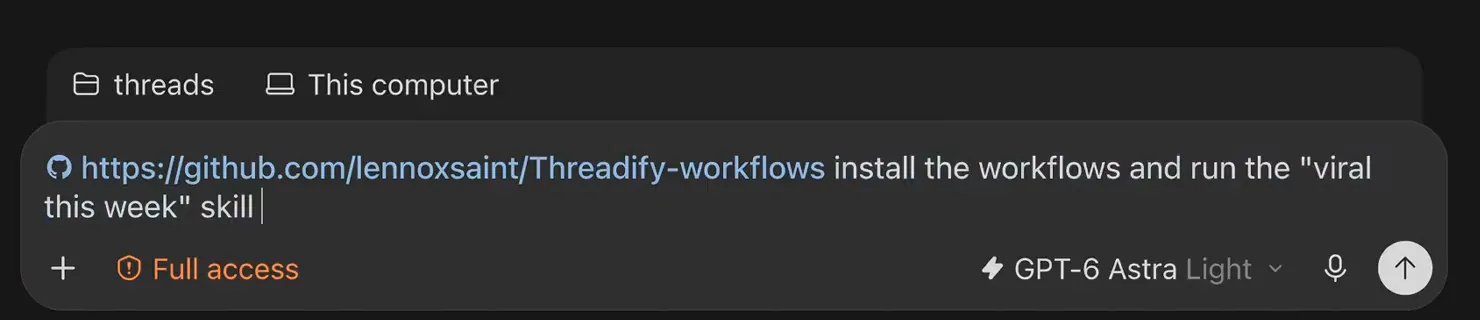 The install message in the agent's message box: the free workflows link plus one plain request to run Viral This Week.