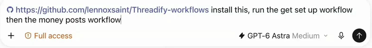 A new agent chat with the free workflows link and the install request typed in, ready to send.