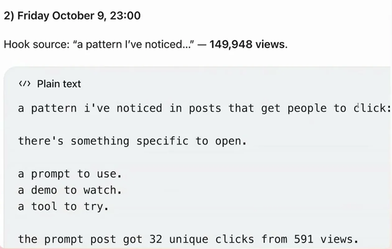 One of the three drafts, with its time slot, the hook source and that post's views, and the plain-text draft offering something specific to open.