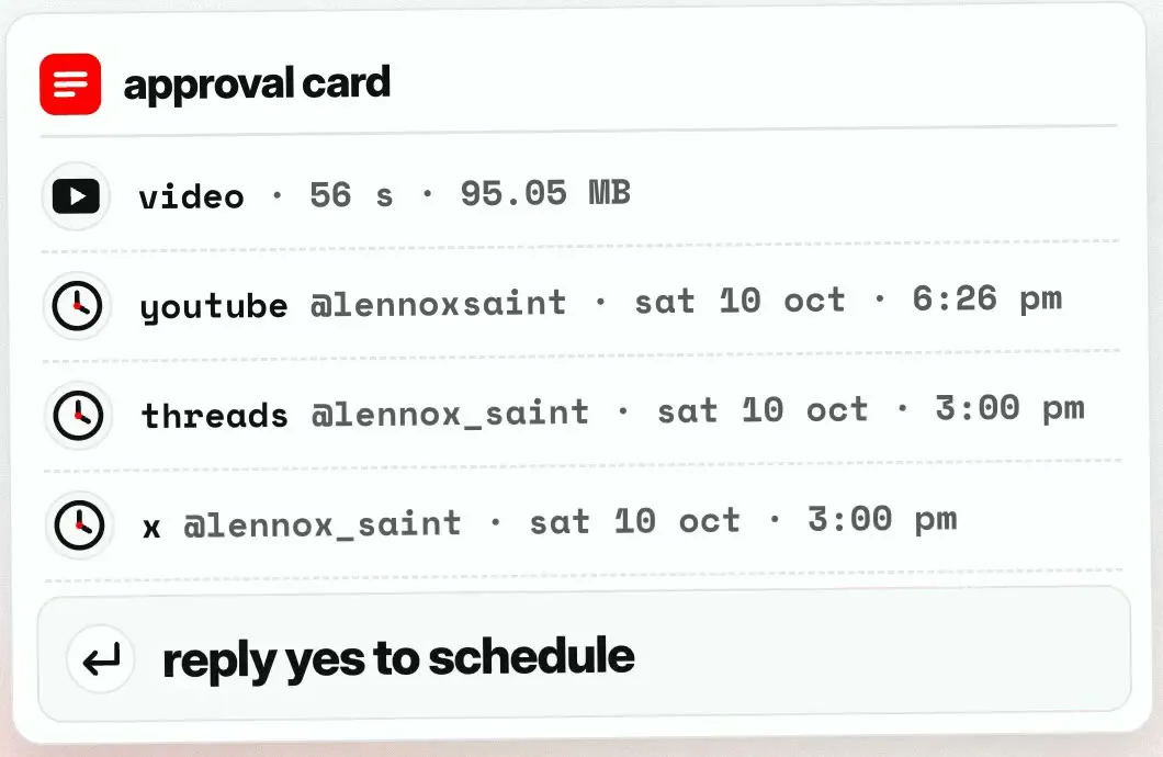 The approval card: the file's length and size, the time for each platform, and