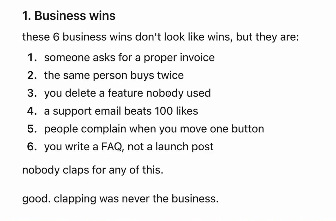 One revised post from the example run, a numbered list called Business wins, shown in full so you can read it before approving.