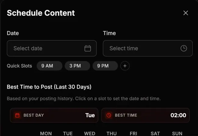 The Schedule Content window. Notice the Quick Slots and the Best Time to Post panel, built from that account's posting history.