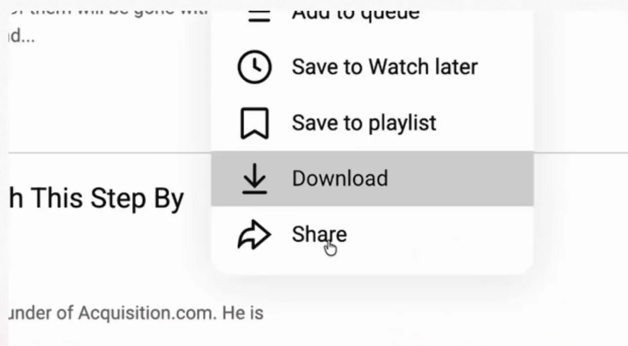 YouTube's menu with Share at the bottom. This is where you copy the link.