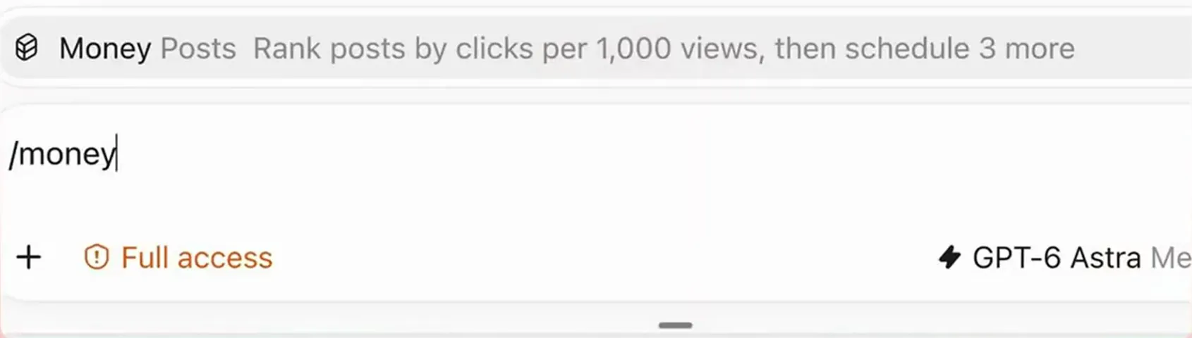 Type /money and the Money Posts skill appears, with its description: rank posts by clicks per 1,000 views, then schedule 3 more.