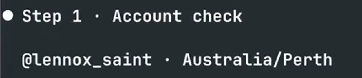 The Account check names your connected Threads account and its time zone before anything gets published.