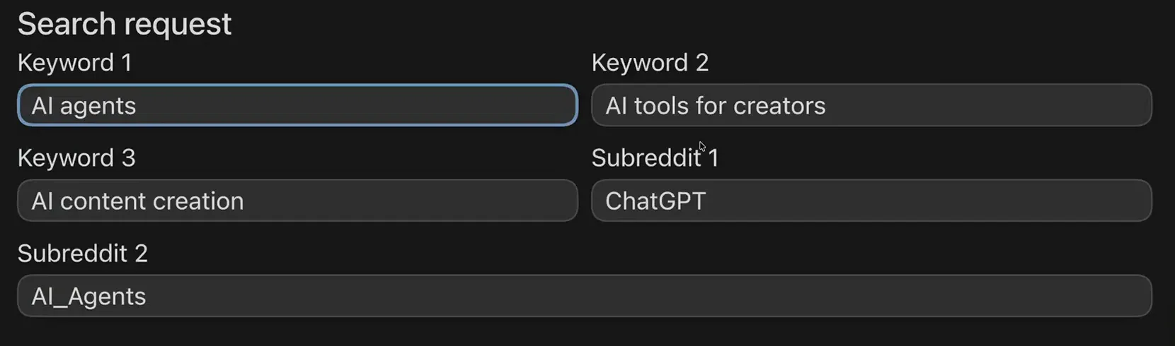 The search form: three keywords and two subreddits are all you fill in.
