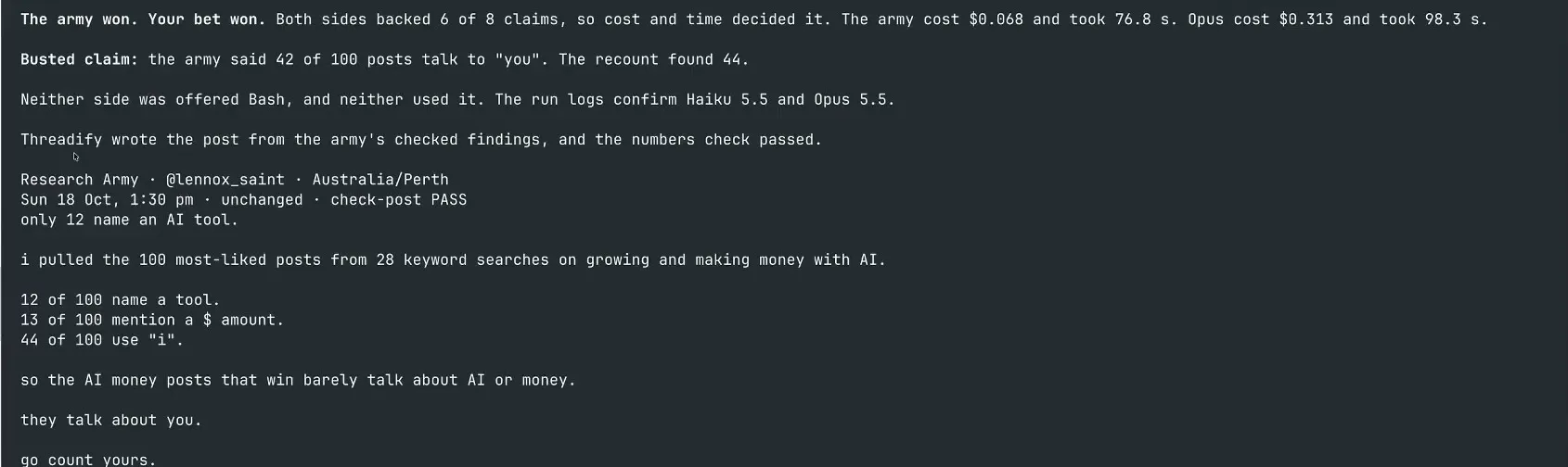 The agent's summary and the drafted post. Notice the busted claim called out by name, and check-post PASS on the draft.