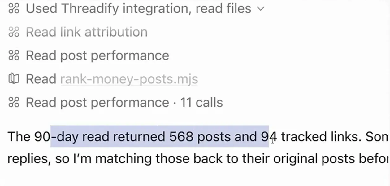 The agent's activity log, showing link attribution and post performance reads, then the result: 568 posts and 94 tracked links.