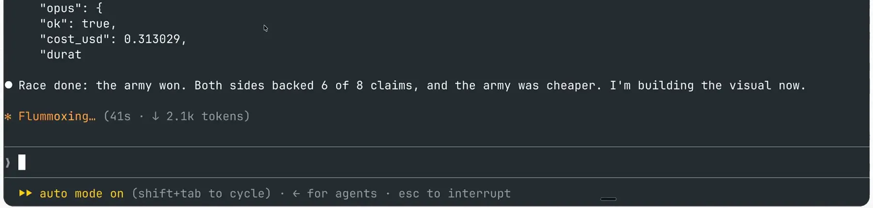 The race is over. Look for the one-line verdict under the Opus cost: who won, how many claims each side backed and which side was cheaper.