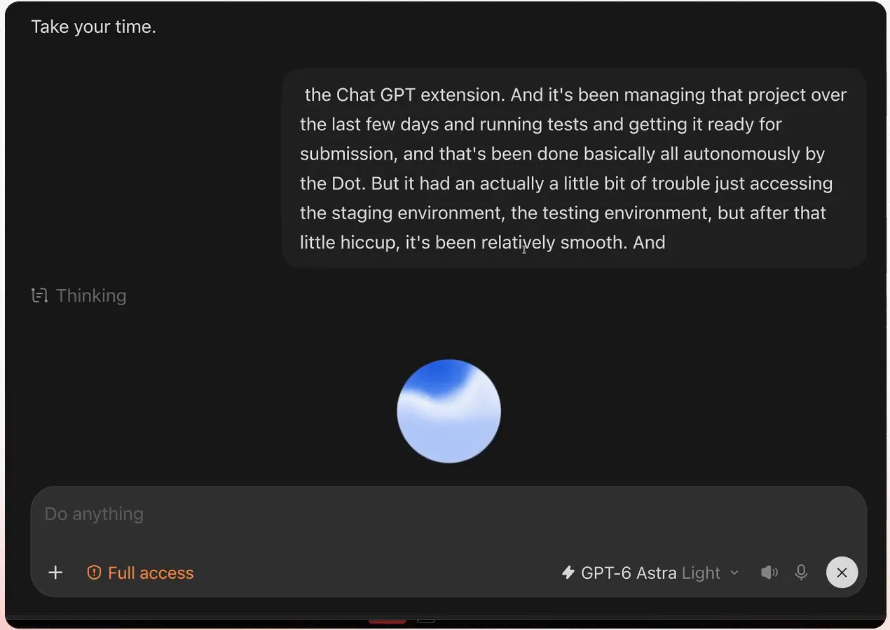 Voice mode in the agent, with the spoken take written out as it's said.