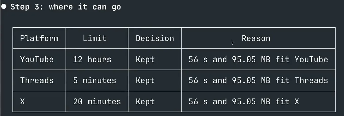 The platform table. YouTube, Threads and X are all marked Kept, and the Reason column says why.